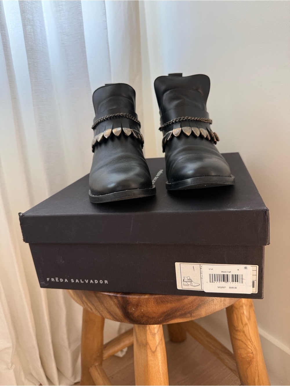 Freda Salvador Star Bootie — Black Leather — Silver Chain & Stud Detail - size 8 - Picture 6 of 11